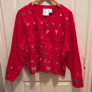 Michael Simon Lite Red Button Down Cardigan with American Patriotic Patterns 1X